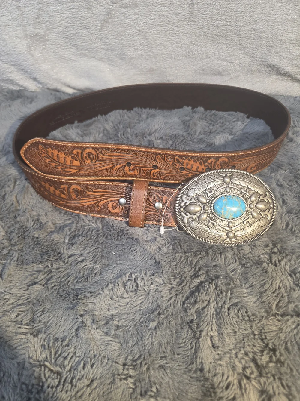 Idyllwind Brown Leather Belt with Turquoise Stone Silver-Tone Buckle